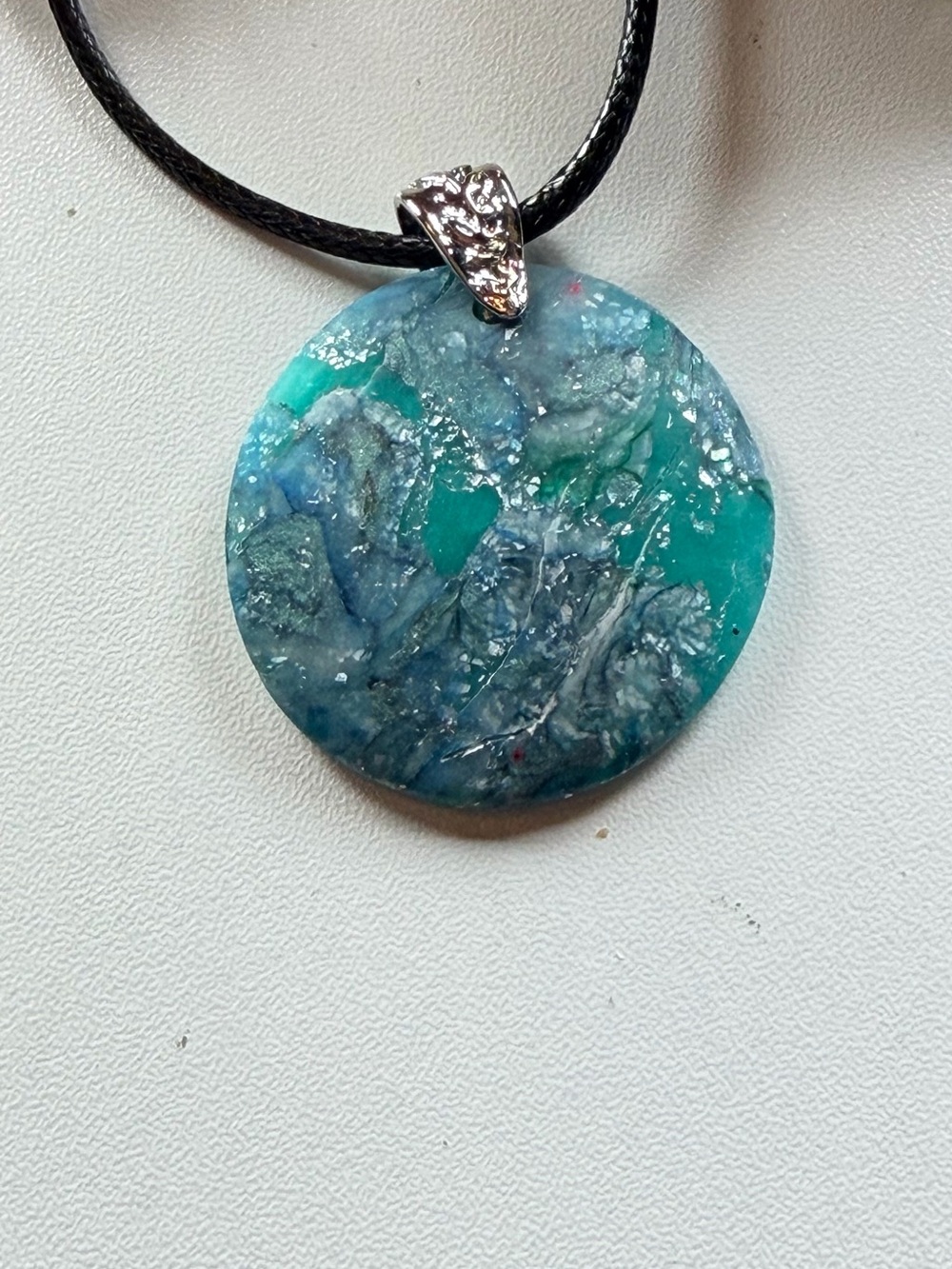 Handmade Blue-Green Marble Round Pendant Necklace with Black Cord